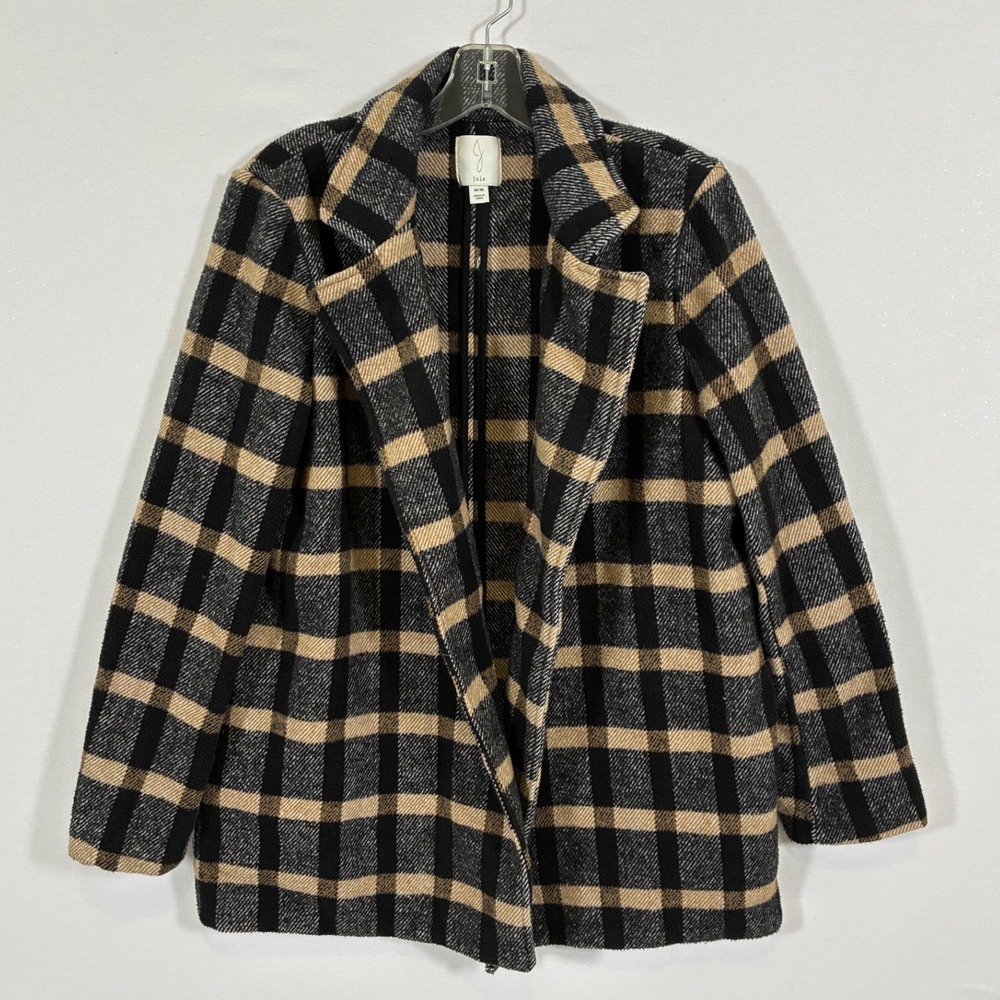 Joie Womens M Black Tan Plaid Wool Blend Open Front Blazer Jacket